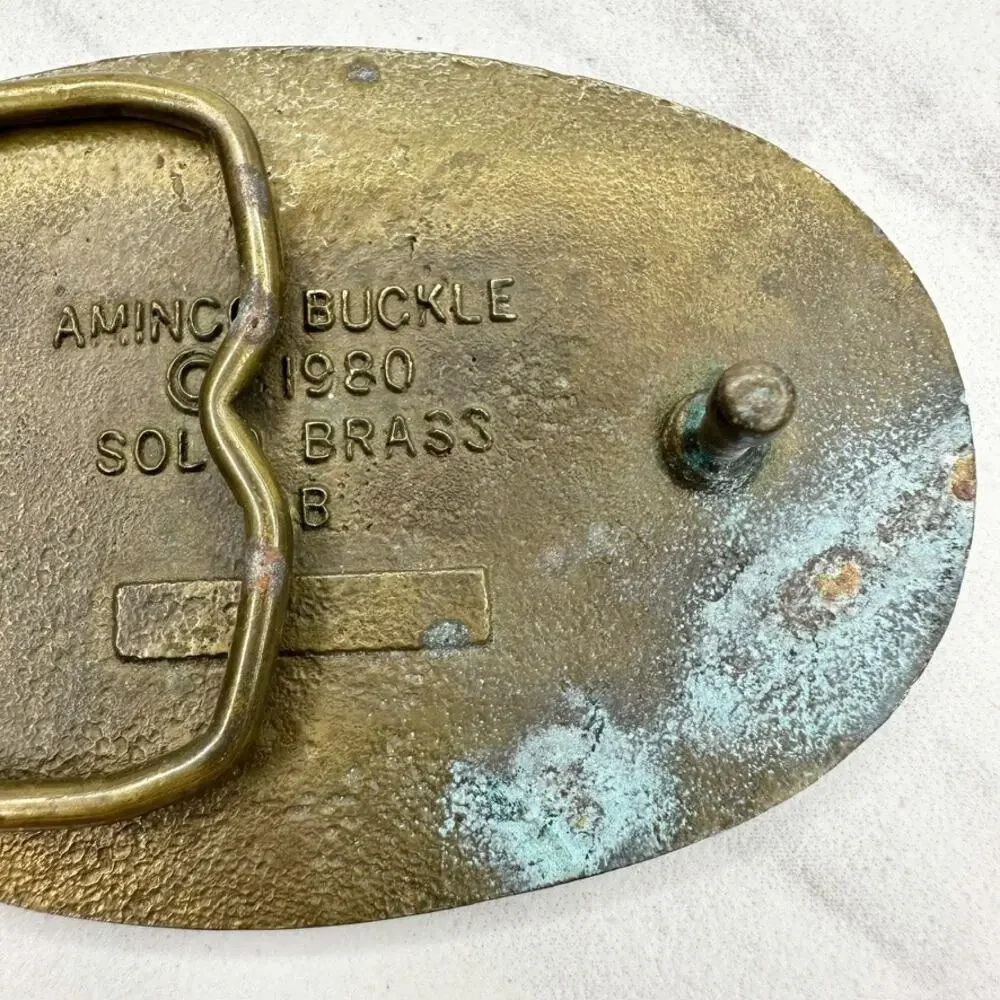 Vintage Aminco 1980 Solid Brass Deer Belt Buckle Red Black Enamel Oval Laurel ✨